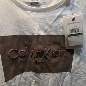Calvin Klein Jeans White Short Sleeve Tee with Brown Logo Panel